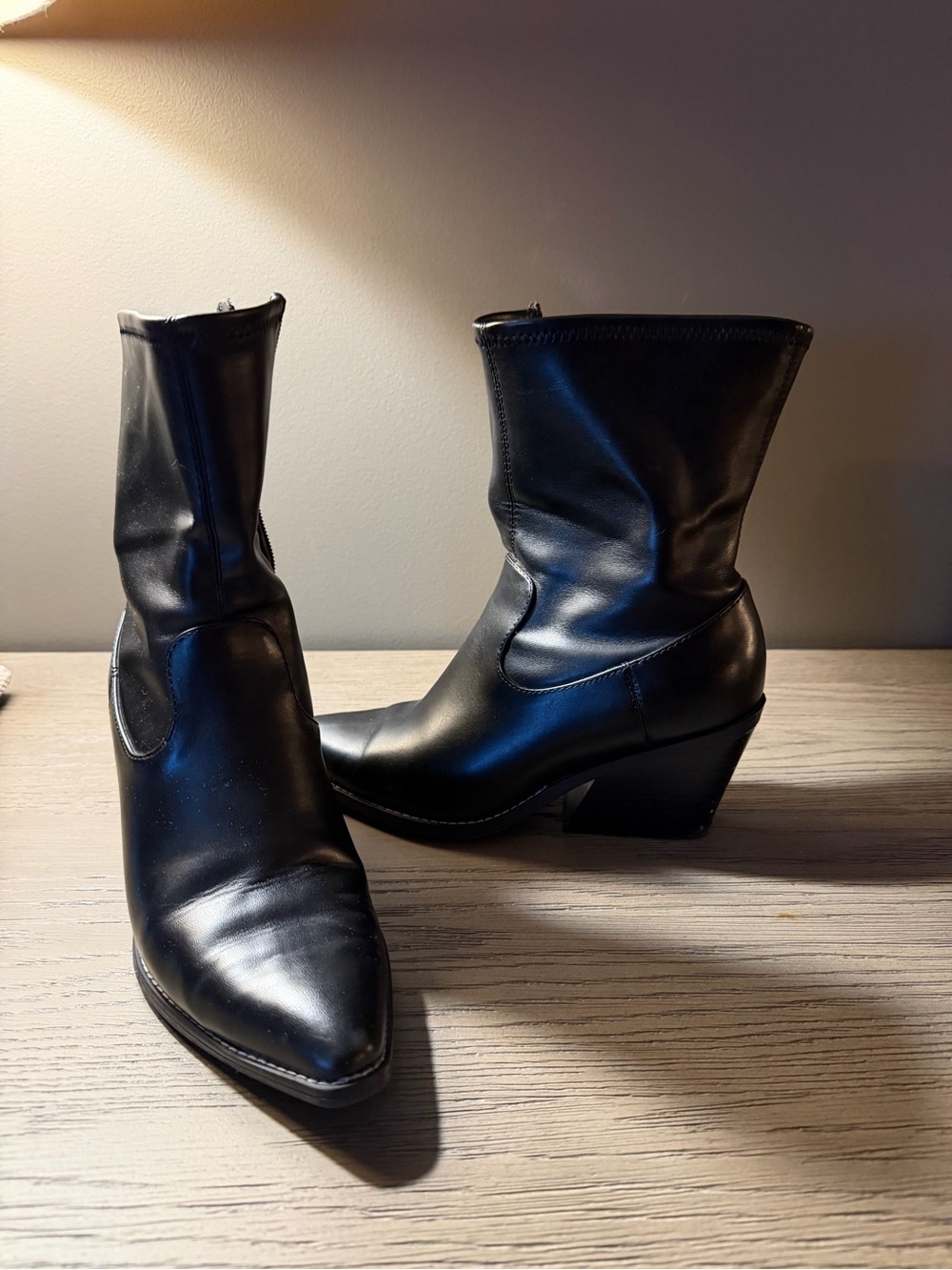 Black Leather Mid-Calf Block Heel Boots